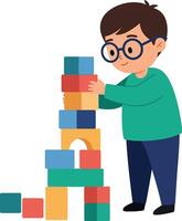 A child stacking colorful building blocks in a playful and cheerful atmosphere with flat art vector