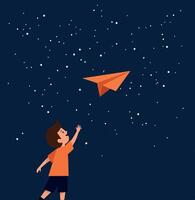 A joyful boy reaching for a paper airplane in a starry night sky, flat art vector