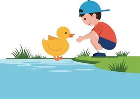 Young boy with blue cap interacting with cute yellow duck by serene water, flat illustration vector