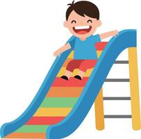 A cheerful boy sliding down a colorful playground slide in minimal art vector
