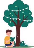 A boy reading a book under a leafy tree with string lights in a flat illustration vector