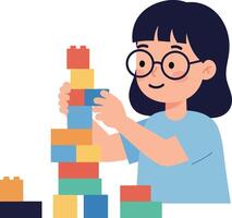 A young girl stacking colorful building blocks in a playful atmosphere featuring flat art vector