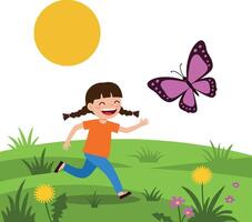 A joyful girl running through green grass chasing a colorful butterfly in flat art vector