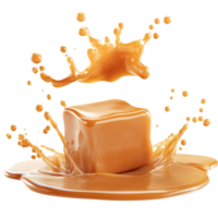 Delicious Caramel Cube Splashing into Caramel Sauce 3D Render png