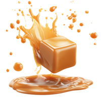 Delicious Caramel Cube Splash 3D Render of Sweet Treat on transparent background png