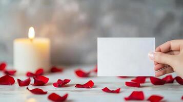 Hand Holding Blank White Card Amidst Red Rose Petals and Candlelight. Concept of Romantic Messages, Invitations, Elegant Celebrations, Intimate Atmosphere.. Copy space photo
