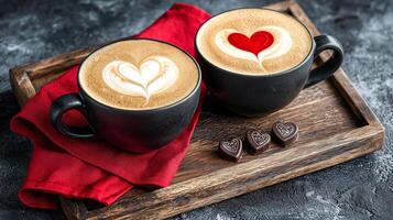 Two Cappuccinos with Heart Latte Art and Chocolates on a Wooden Tray. Concept of Coffee Love, Gourmet Presentation, Cozy Atmosphere, and Artistic Barista Skills photo