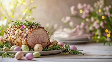 Festive easter table setting with seasoned roast and colorful eggs, concept of celebration, family gatherings, spring decor photo