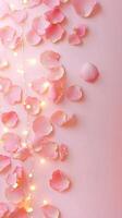 Delicate Pink Rose Petals with String Lights on a Pastel Surface Illustrating Romantic Elegance and Soft Aesthetic Beauty photo