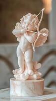 Cherubic Marble Statue of Cupid Holding a Bow on a Marble Base, Concept of Romance, Classic Art, Love Symbol, Detailed Sculpture. Valentine's Day. Vertical photo