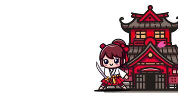 a cartoon character with a sword and a japanese house, 2d looping animation video