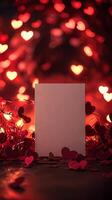 Blank Cream Card in Heart-Themed Bokeh Setting for Romantic Celebrations and Love Messages. Copy space photo
