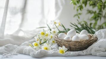Fresh white eggs in a wicker basket with scattered daffodils on sunlit table. concept of spring, simplicity, and natural decor. Copy space photo