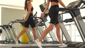 Low-angle view of treadmill cardio with mirror reflection in gym setting video