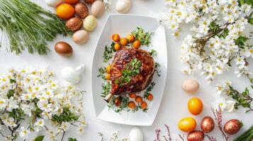 Traditional easter table setting with glazed ham and decorated eggs surrounded by fresh spring flowers. Top view photo