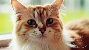 Close Up of a Cute Cat with Soft Fluffy Fur and Bright Eyes Calm and Relaxed Adorable Pet Looking Around Peaceful and Gentle Ideal for Animal Videos Pet Documentaries and Relaxing Footage