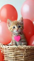 Adorable Ginger Kitten with Heart-Shaped Tag in Basket Surrounded by Pink Balloons. Concept of Cuteness, Pet Love, Playful Kittens, and Celebratory Atmosphere.. Valentine's Day photo