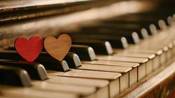 Minimalist Image of Piano with Two Red Wooden Hearts on Keys. Concept of Love, Music, Romance, and Artistic Simplicity photo
