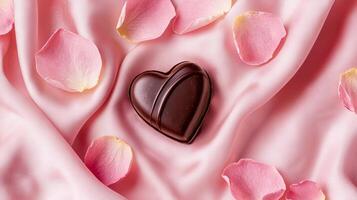 Heart-Shaped Chocolate Box on Soft Pink Fabric with Rose Petals. Concept of Romance, Sweet Gifts, Valentine's Day, Elegance, and Softness photo