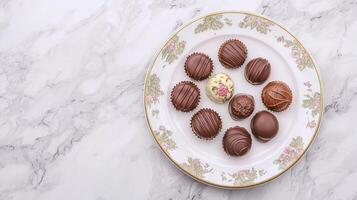 Assortment of Gourmet Chocolates on a Floral Plate. Concept of Elegance, Dessert, Sweet Indulgence, and Culinary Artistry.. Valentine's Day. Copy space photo