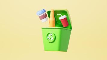 Cartoon trash can with a recyclable logo, garbage sorting, Environmental protection concept, 3d rendering. video