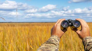 Person Holding Binoculars Over Golden Field Skywatching Wildlife Concept of Nature Exploration Birdwatching Outdoor Adventure. Copy space. Copy space photo