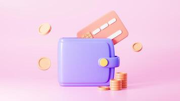 Cartoon wallet and bank cards with pink background, 3d rendering. video