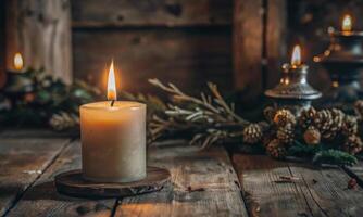 A burning wax candle on a wooden table on a background with coniferous branches photo