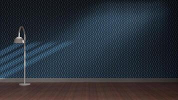 an empty room with a lamp and blue wall photo