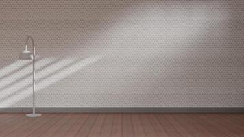 an empty room with a lamp and wall paper photo