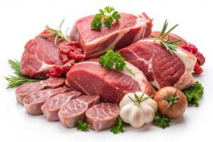 Close up of raw meat cuts including lamb, beef, and chicken with seasonings like rosemary and garlic on a clean white background photo
