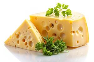 A triangular wedge of cheese with distinctive holes, presented on a simple white background, ideal for commercial use in food imagery photo