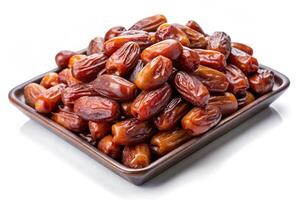fresh dates placed neatly in a tray, showcasing their shiny skin and rich color, ideal for a healthy diet or as an ingredient for desserts photo