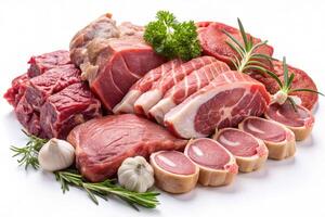 A mix of fresh lamb, chicken, and beef cuts arranged artistically with garlic and rosemary on a white surface for food presentation photo