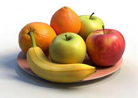 Colorful fruits including bananas, red and green apples, and oranges on white background representing health, vitality, and freshness photo