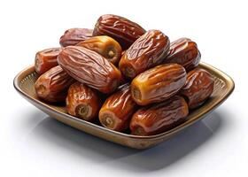 A plate filled with rich, brown dates, presenting a healthy, nutritious snack in a well arranged tray against a clean white backdrop for food styling photo
