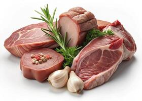 A variety of fresh raw meat cuts including lamb, beef, and chicken, with herbs and garlic for seasoning, displayed on a white background photo