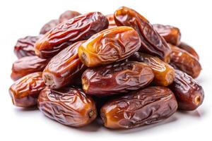 A collection of plump, sweet dates with a rich caramel color, placed on a white background, ideal for showcasing dried fruits photo