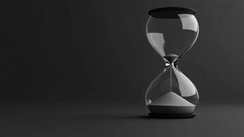 A glass hourglass with sand in it is sitting on a dark background photo