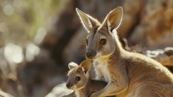 A mother kangaroo is holding her baby kangaroo. The baby kangaroo is small and cute photo