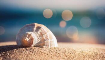 A lone seashell lies on the sand, with the quiet ocean waves rolling softly on the shore beneath the summer sky. photo
