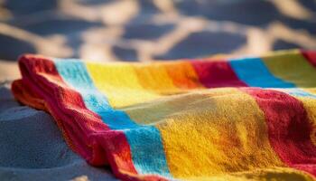 A colorful beach towel laid out on soft sand, waiting for a relaxing sunbathing session on a bright summer afternoon. photo