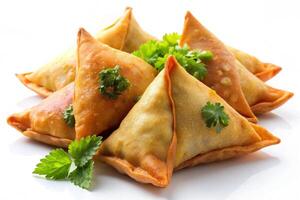 crispy samosas arranged on a white surface, highlighting their golden color and unique triangular shape photo