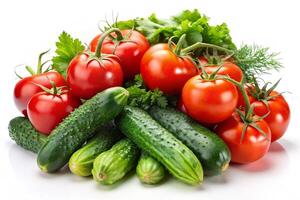 A selection of ripe tomatoes and cucumbers on a white background, representing fresh and organic vegetables for a clean, vibrant look photo