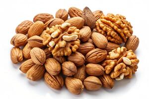 almonds and walnuts with visible textures, some with open shells, on a clean white backdrop, highlighting their natural beauty photo