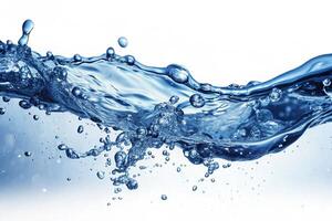 A flowing wave of water with droplets, captured in mid motion, isolated on a white background for a fresh and clean feel photo