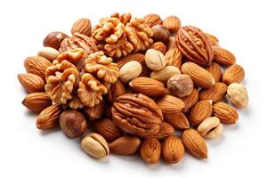 Almonds and walnuts in their shells neatly arranged in a close up view on a white surface, perfect for illustrating natural foods photo