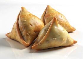A group of samosas with a perfect triangular shape, freshly fried with golden color, placed on a white background for food photography photo