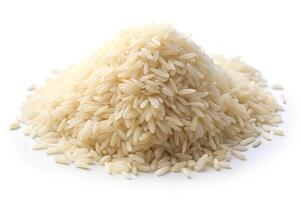 A mound of white rice grains in a shallow bowl, perfectly arranged on a white background with no distractions, ideal for food photography photo