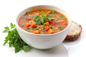 rich lentil soup garnished with fresh herbs and veggies in a simple bowl, ideal for a nutritious meal shot photo